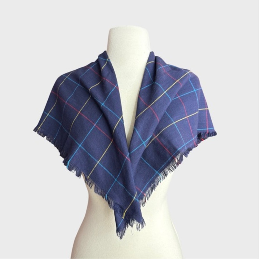 Vintage 80's Square Scarf Navy Blue Multi Color Pinstripe Fringe Preppy Classic